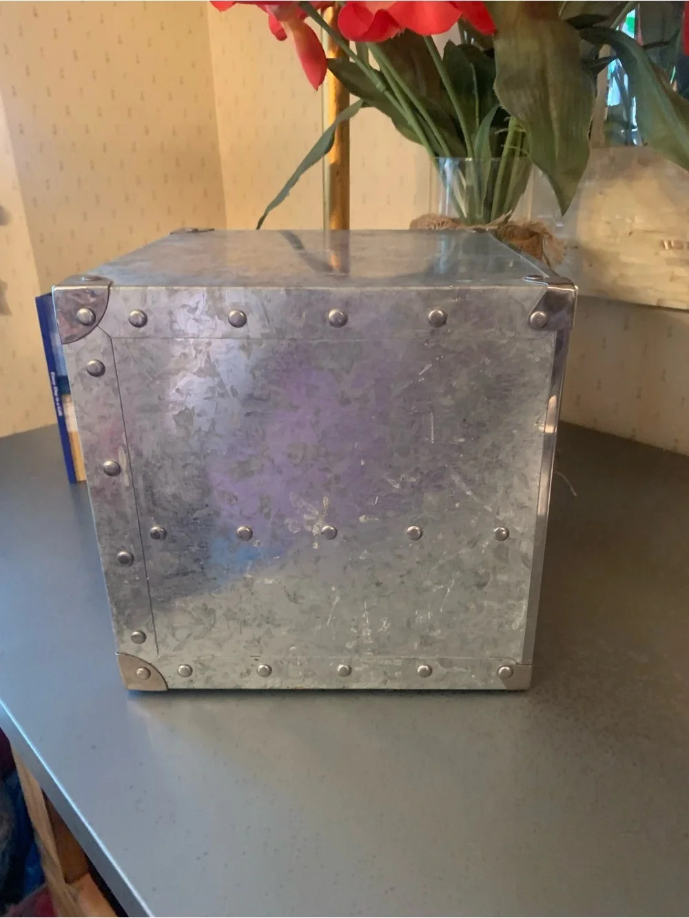 Galvanized metal desk top, inset label holders 4 drawer storage chest metal pull
